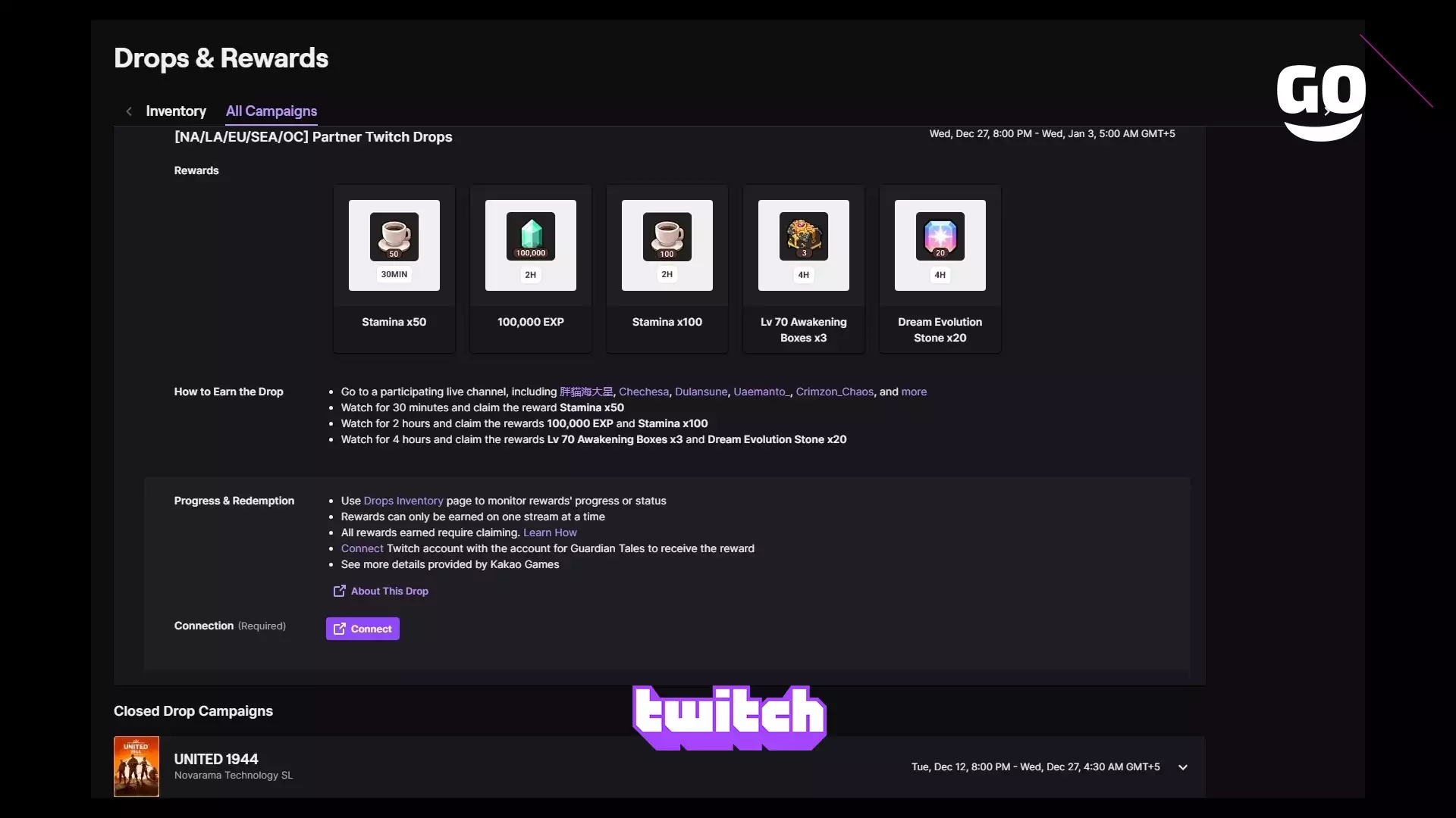 Бесплатные игровые бонусы [NA/LA/EU/SEA/OC] от Twitch Drops для Guardian Tales