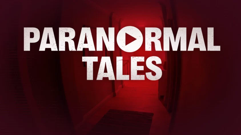 Обложка игры Paranormal Tales Логотип Paranormal Tales на фоне темного коридора