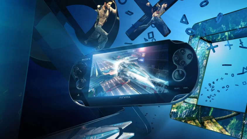 Консоль Sony PlayStation Vita с игровым процессом на фоне с элементами PlayStation