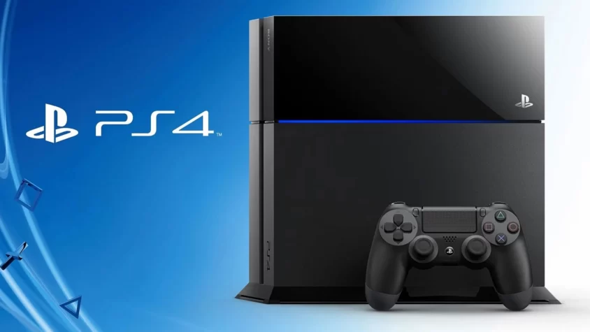 Консоль Sony PlayStation 4 с контроллером на синем фоне