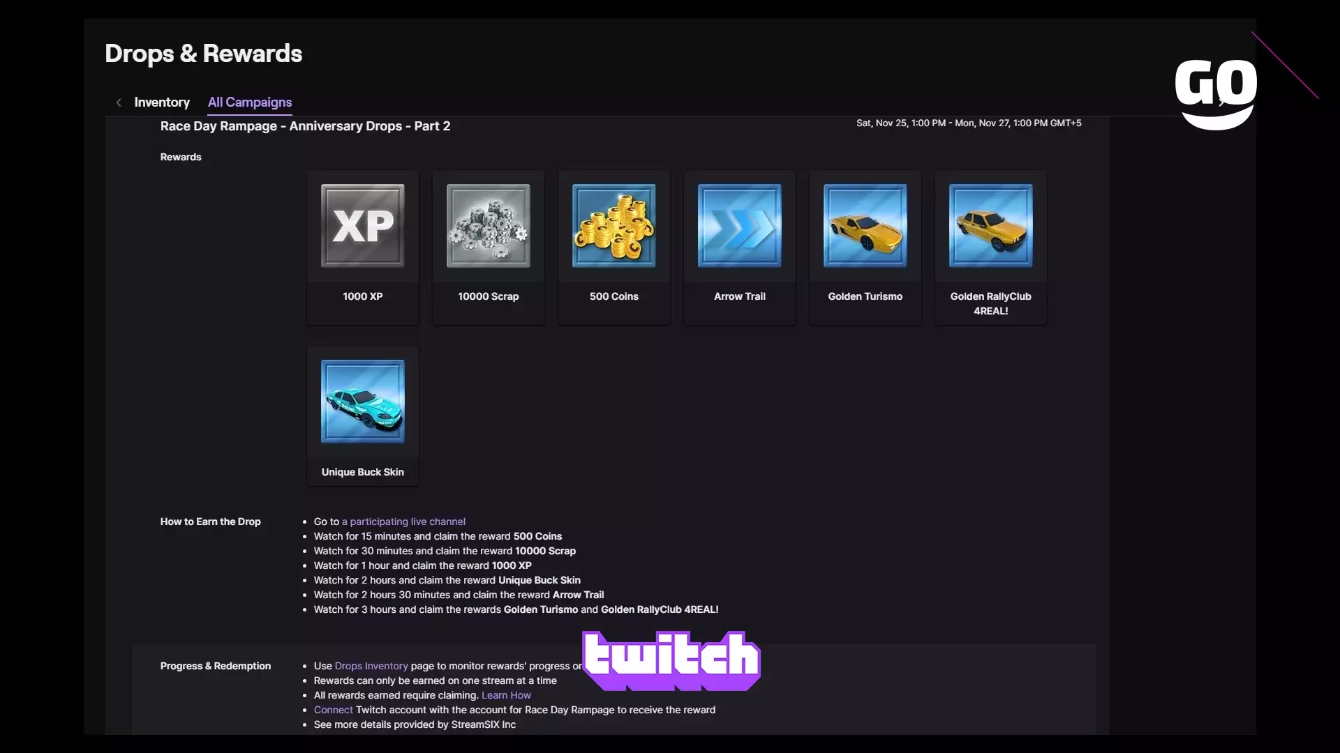 Бонусы Twitch Drops к юбилею Race Day Rampage: Вторая часть