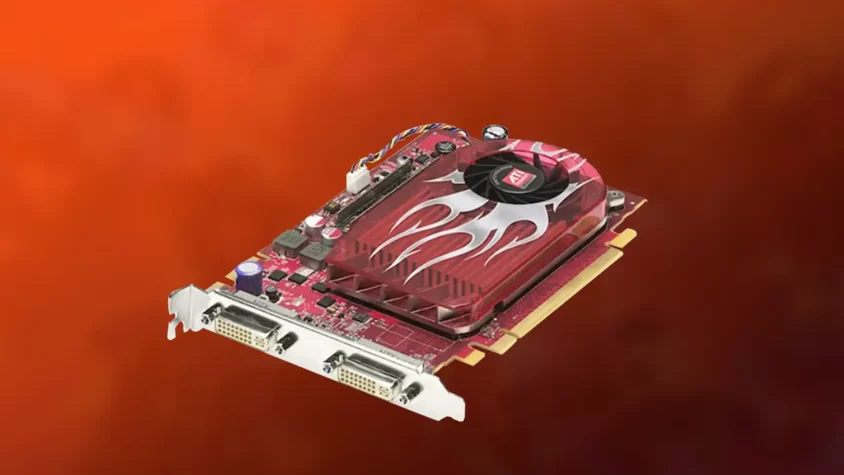 Красная видеокарта Radeon HD 3600 на оранжевом фоне