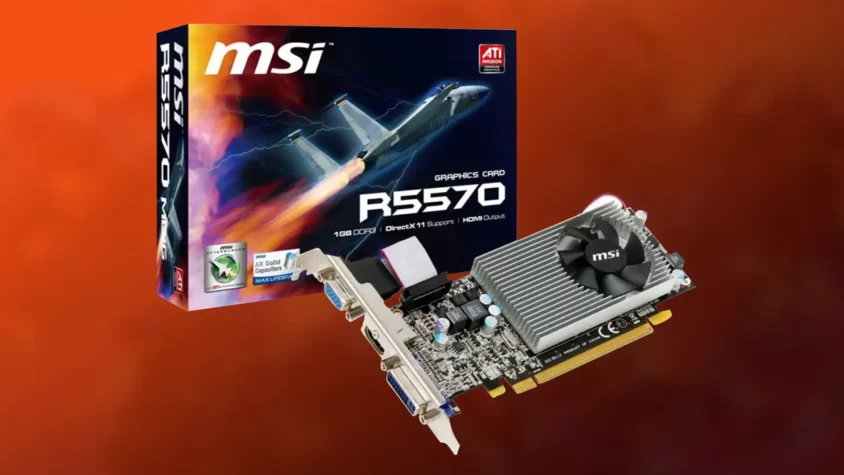 Упаковка и видеокарта MSI R5570 в классическом стиле на оранжевом фоне.
