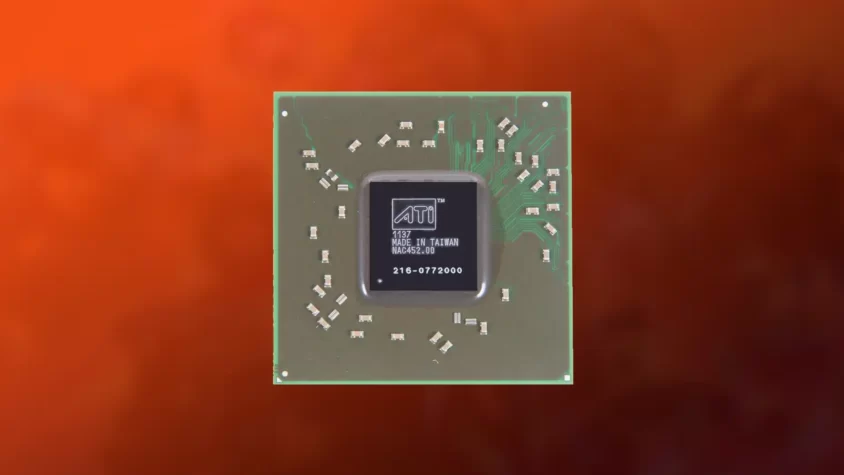 Зеленая печатная плата видеокарты Radeon HD 5650 на оранжевом фоне.