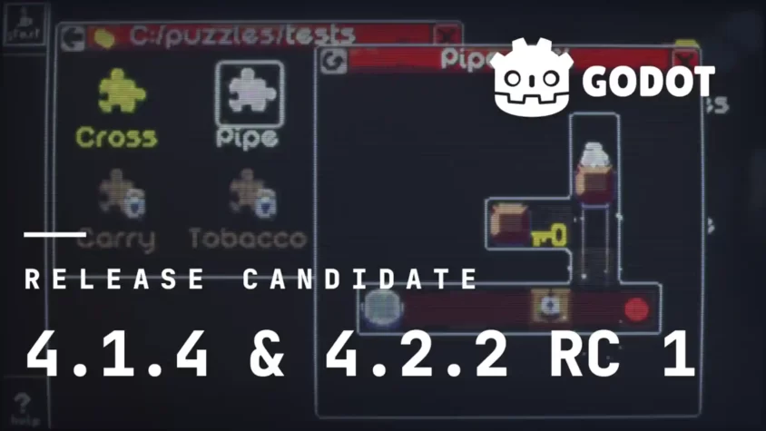 release-candidates-godot-4.1.4-rc-1-4.2.2-rc-1 Логотип Godot Engine с подписью версий 4.1.4 и 4.2.2 RC
