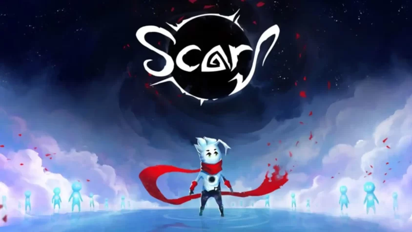 Главный персонаж Scarf стоит на фоне ночного неба с луной и красным шарфом.
