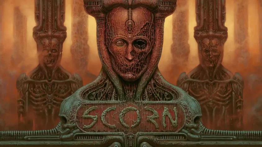 Scorn game cover Логотип игры Scorn с гротескным органическим дизайном на фоне