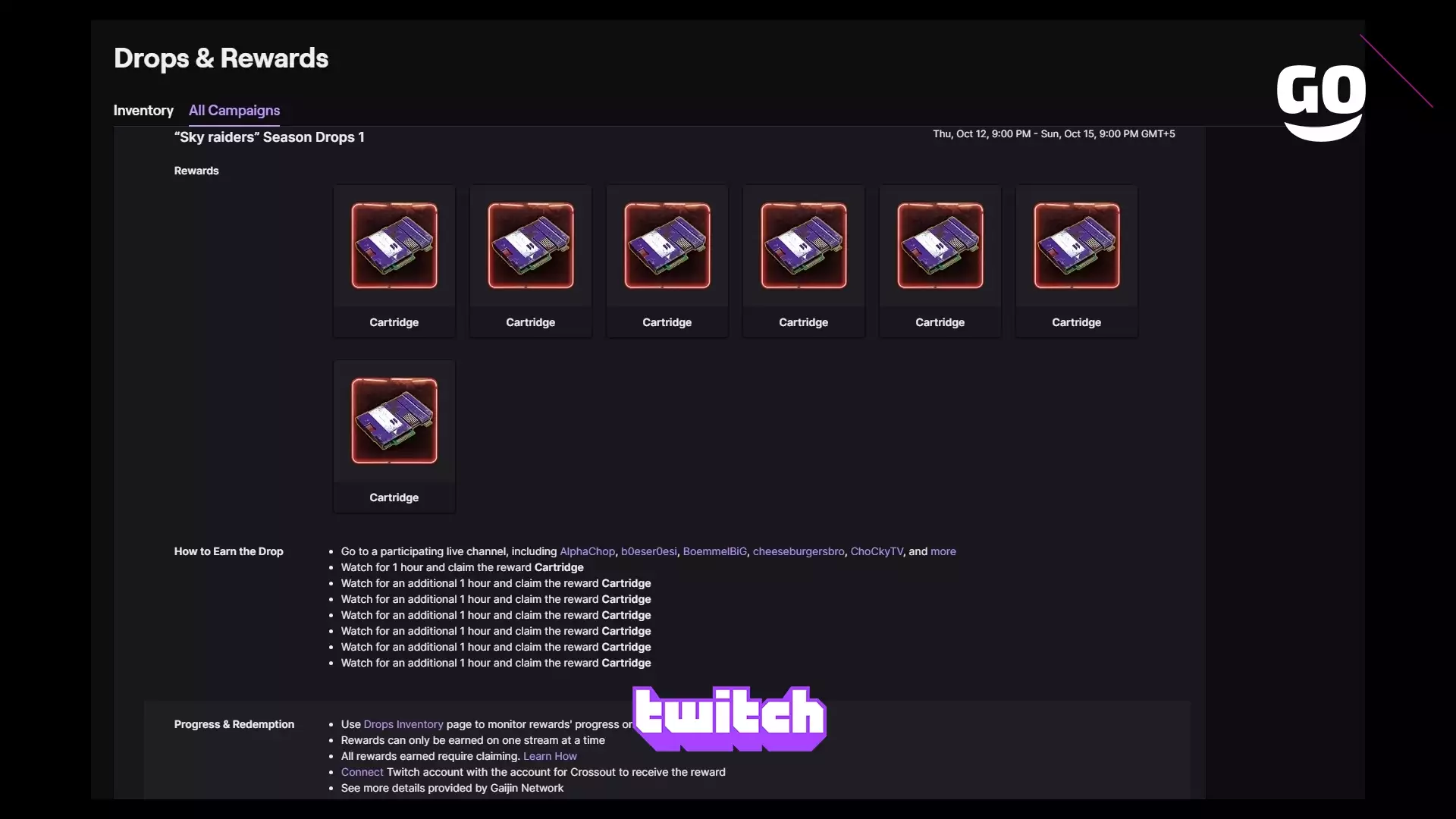 Twitch Drops раздает “Sky raiders” Season Drops 1 для Crossout