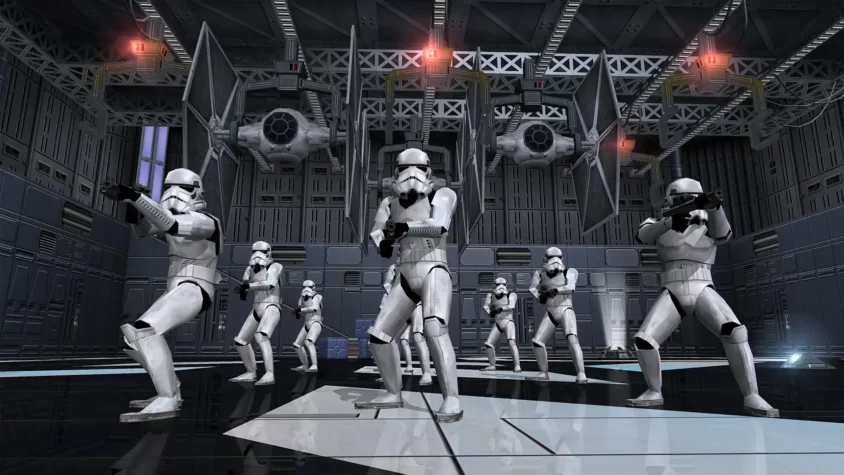 Отряд штурмовиков готов к бою внутри имперского корабля в Battlefront II