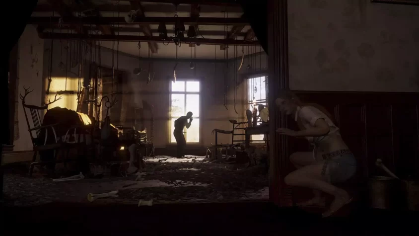 Погружение в атмосферу ужаса с The Texas Chain Saw Massacre Жуткая комната с костями и тенью человека с бензопилой в The Texas Chain Saw Massacre
