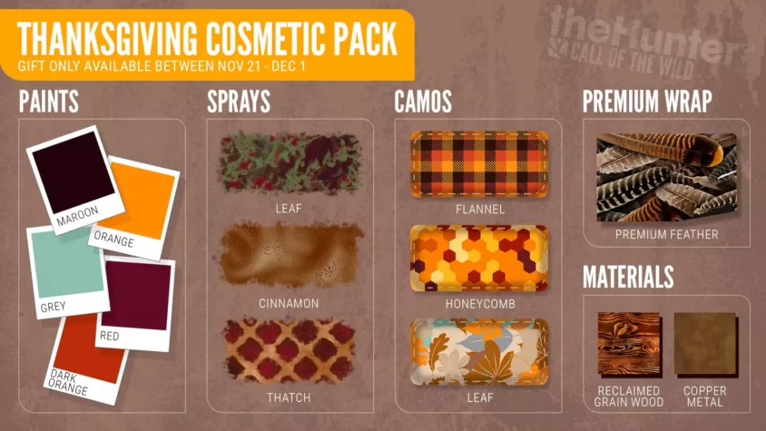 THE-THANKSGIVING-COSMETIC-PACK Игровой арт theHunter: Call of the Wild с изображением Осеннего Косметического Набора на День Благодарения