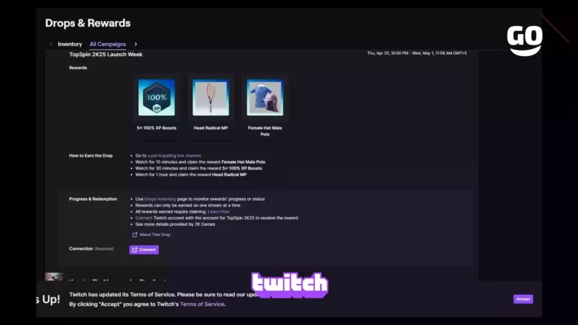Получи игровые подарки TopSpin 2K25 в рамках акции Twitch Drops TopSpin 2K25 Launch Week