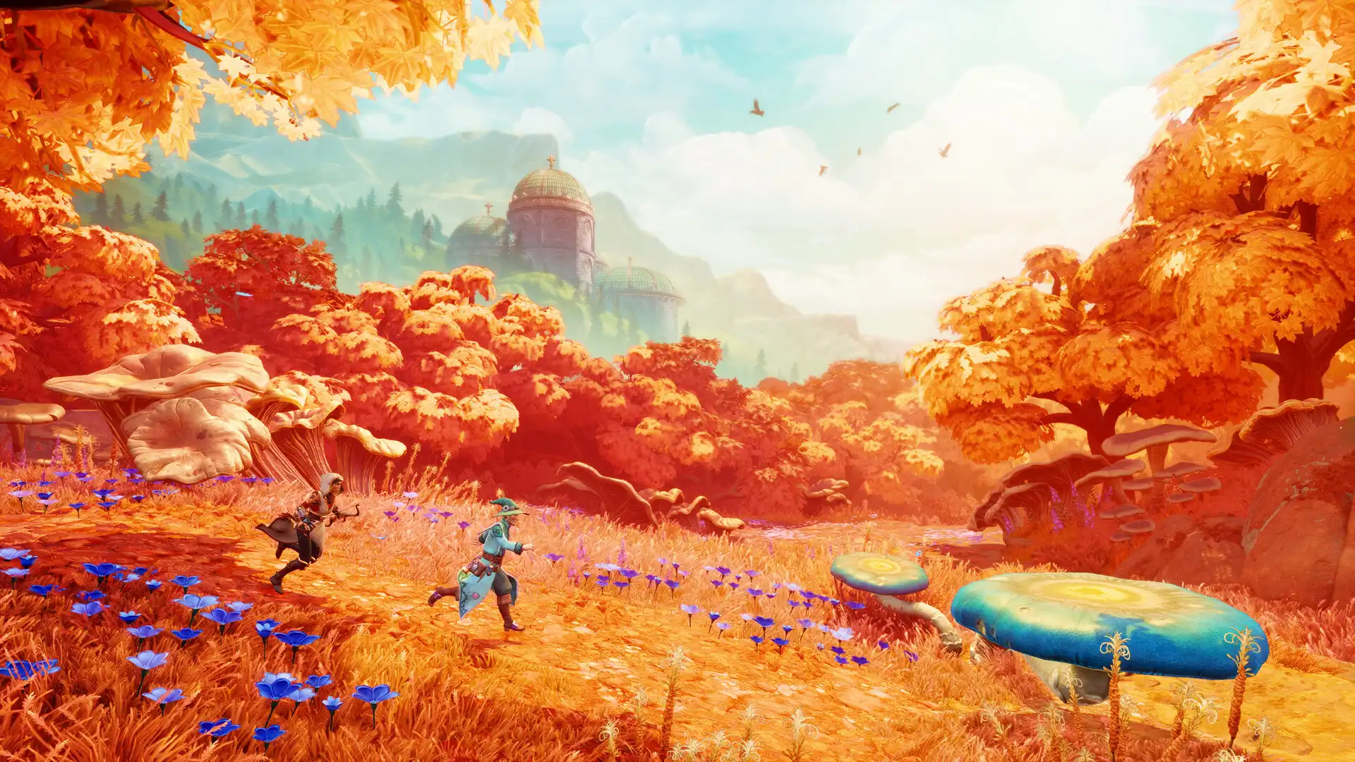 Яркая осенняя локация в Trine 5 с персонажами