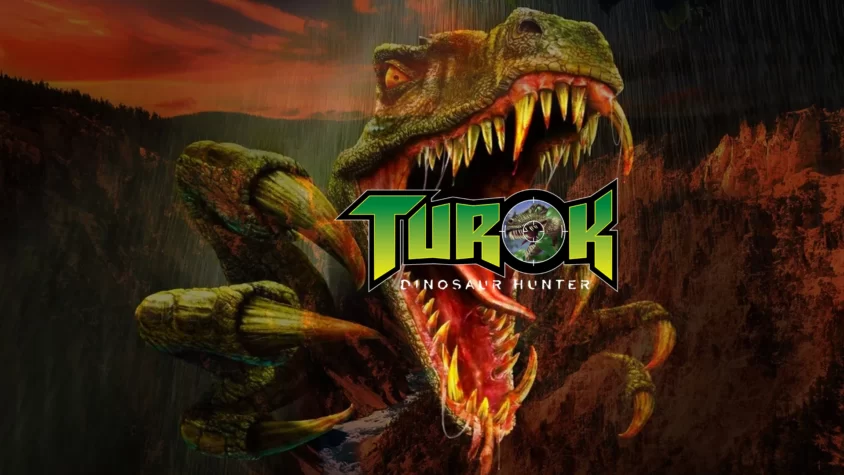 turok: dinosaur hunter — охота начинается динозавр, раскрывающий пасть с логотипом игры Turok