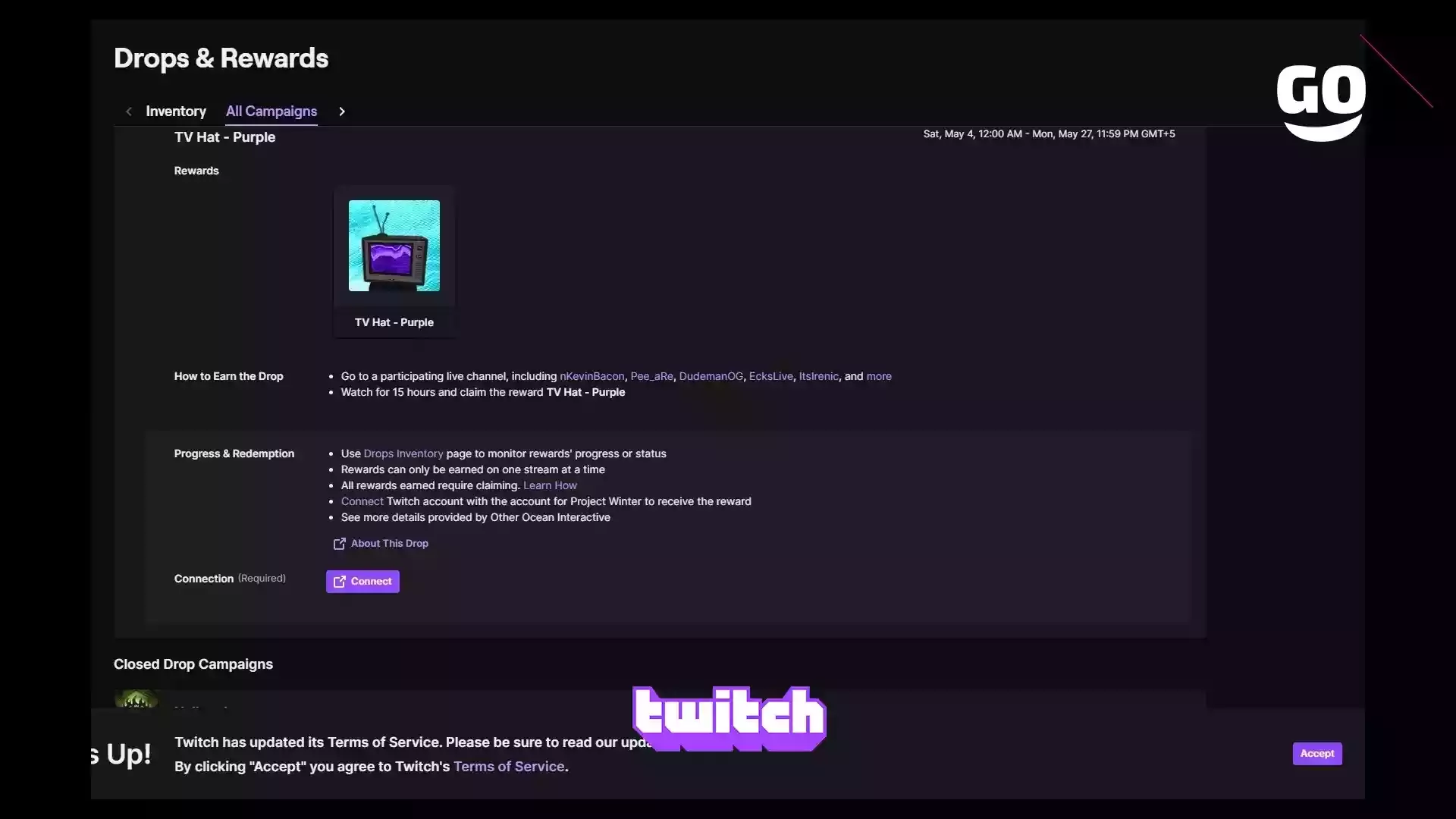 Получи Twitch Бонусы TV Hat — Purple для Project Winter