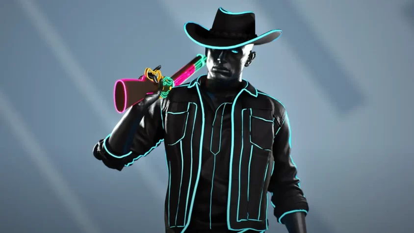 Кибер-ковбой THE FINALS в неоновом свете с пистолетом Neon Nightslinger.