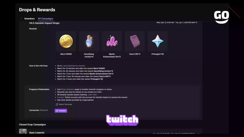Эксклюзивный пак V4.5 Genshin Impact Drops от Twitch Drops для игроков Genshin Impact V4.5 Genshin Impact Drops