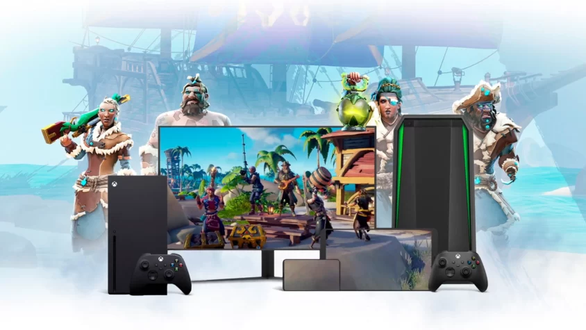 Сервисы Xbox Cloud Gaming с персонажами из игр на фоне и устройствами для стриминга