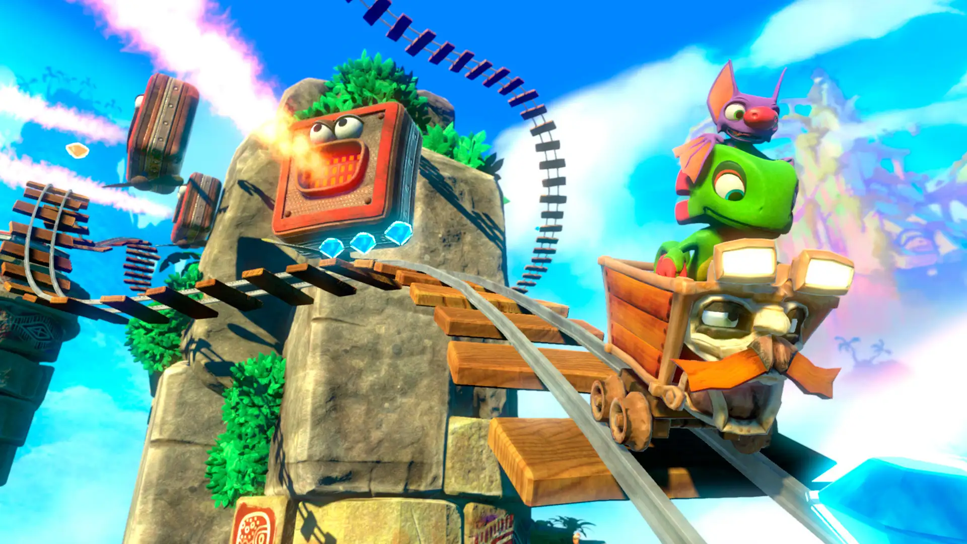 кадр из игры Yooka-Laylee - приключение с поездами