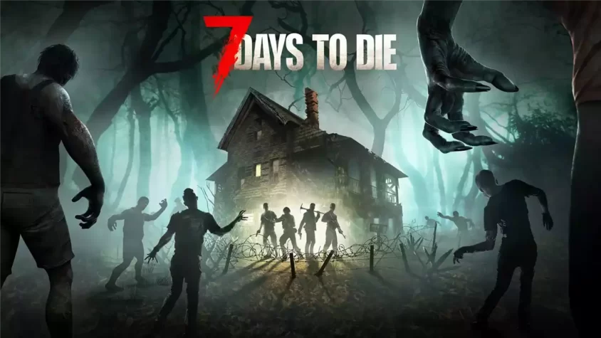 7 Days to Die – Обложка Обложка игры 7 Days to Die с зомби и домом в лесу