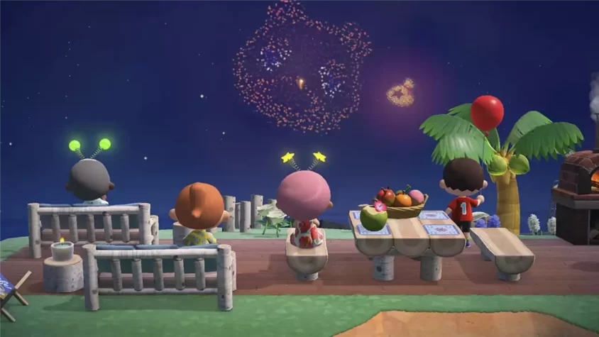 Ночная жизнь на острове в Animal Crossing New Horizons с фейерверками