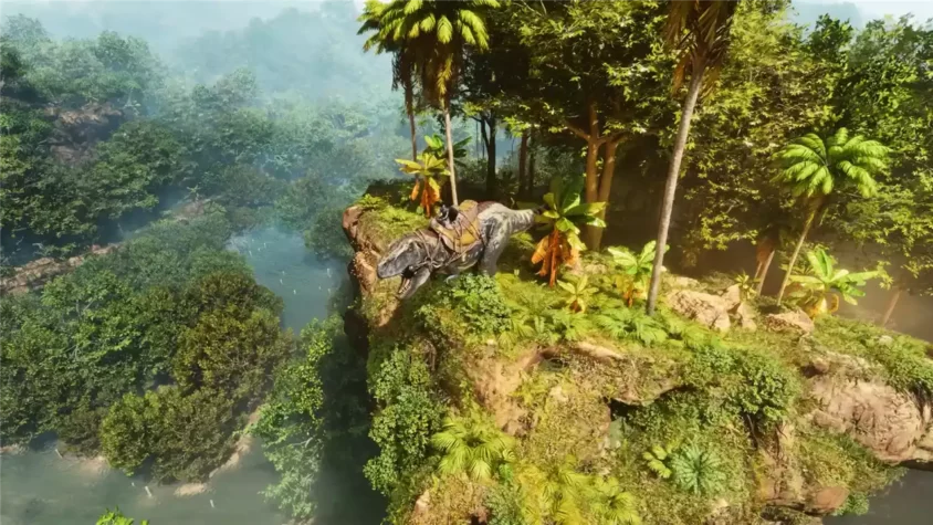Стая динозавров на фоне джунглей в ARK: Survival Ascended
