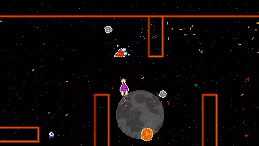 Скриншот с игроком, стоящим на астероиде в Astro Duel