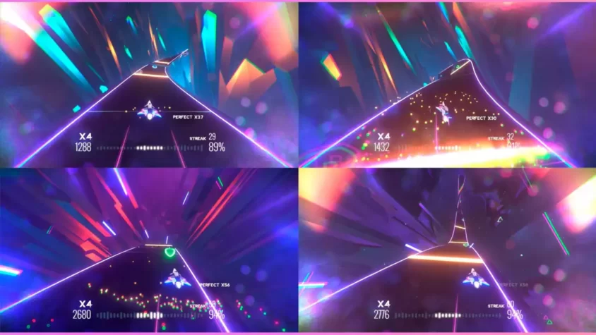 Скриншот из игры Avicii Invector, где игрок летит через яркие геометрические структуры