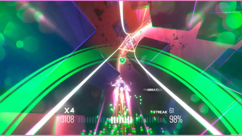 Скриншот из игры Avicii Invector с эффектами и яркими неоновыми полосами