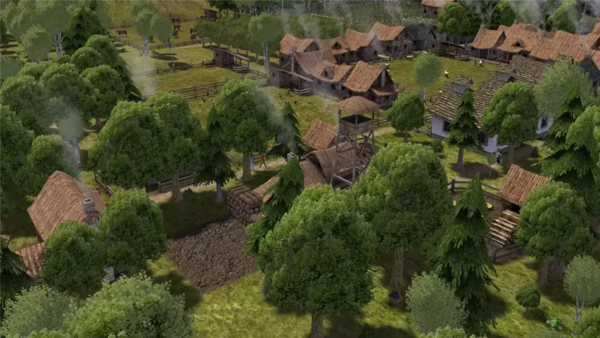 Скриншот из игры Banished с видом на поселение
