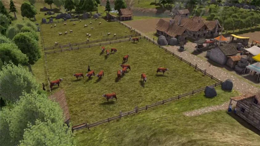 Скриншот из игры Banished с видом на пастбище и фермеров