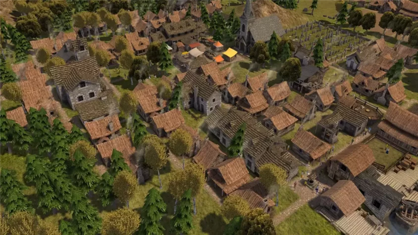 Скриншот из игры Banished с видом на разрушения в поселении