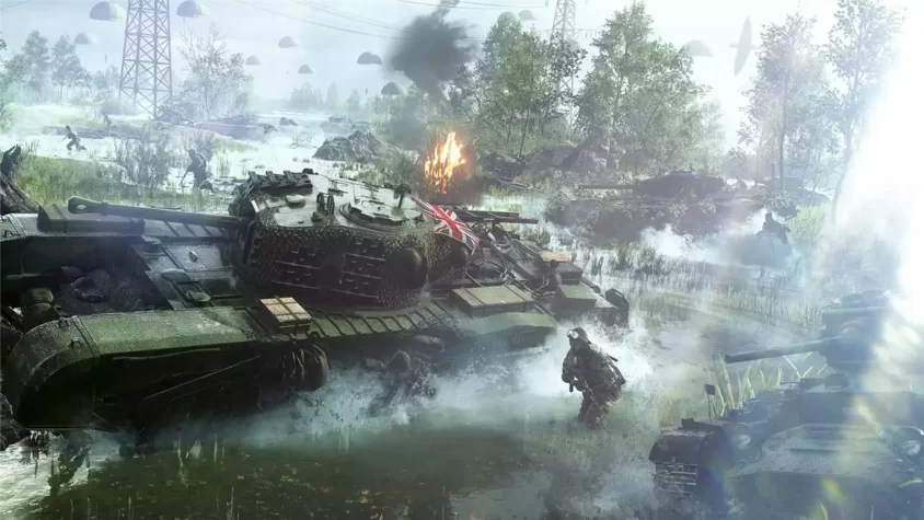 Скриншот из Battlefield V, танк и солдат с ракетницей