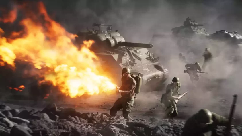 Скриншот из Battlefield V, солдаты и боевая техника