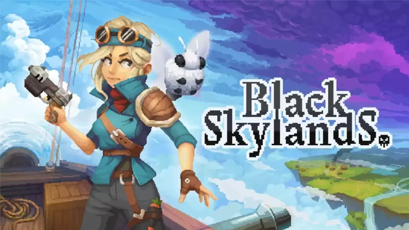 Black Skylands - Обложка Обложка игры, где изображена героиня с пушкой и пушистым другом в виде мохнатой фигуры, готовая к приключениям в небе