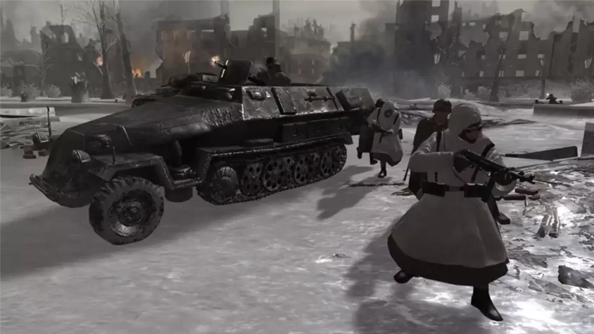 Скриншот игры Call of Duty 2: солдат с автоматом в пустыне