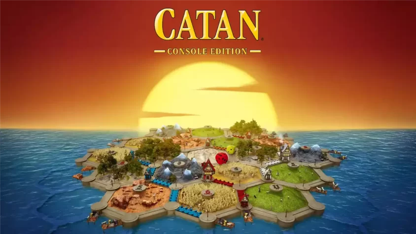 Обложка игры Catan Universe с красочным островом и логотипом игры