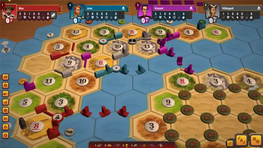 Скриншот игры Catan Universe с картами и текущими ресурсами игроков