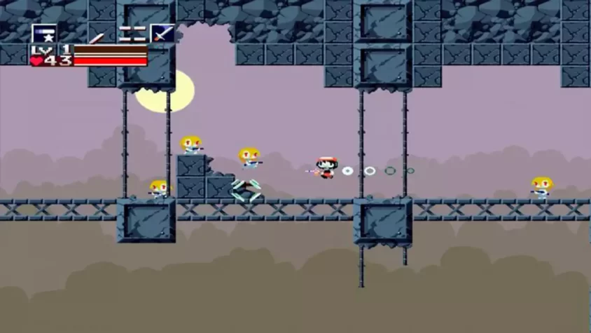 Скриншот из Cave Story, где главный герой стреляет по врагам