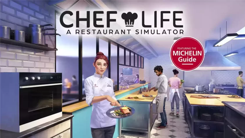 Chef Life: A Restaurant Simulator Обложка Шеф-повар с подносом в руках на профессиональной кухне в