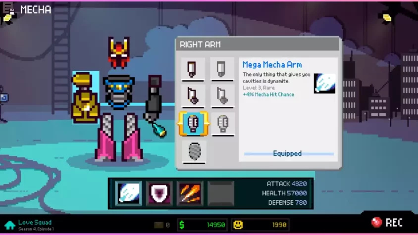 Персонаж в экзоскелете с мощной механической рукой в Chroma Squad