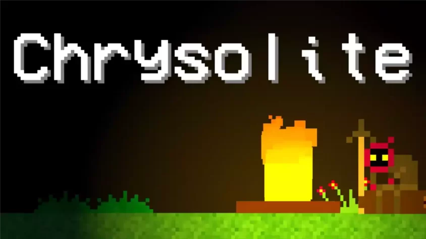 Обложка игры Chrysolite. Ретро-пиксельный стиль, главный элемент — ярко горящая башня