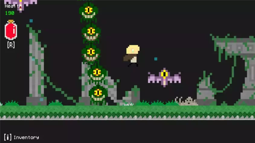 Геймплей игры Chrysolite. Игрок сражается с летучими мышами и монстрами, окружён зелёными растениями