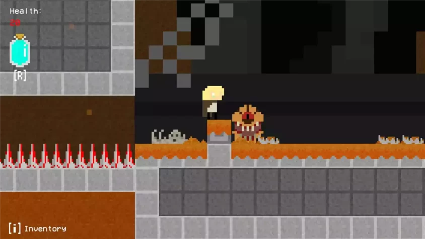 Геймплей игры Chrysolite. Игрок сталкивается с неприятным чудовищем в подземелье, остерегаясь шипов и других опасностей
