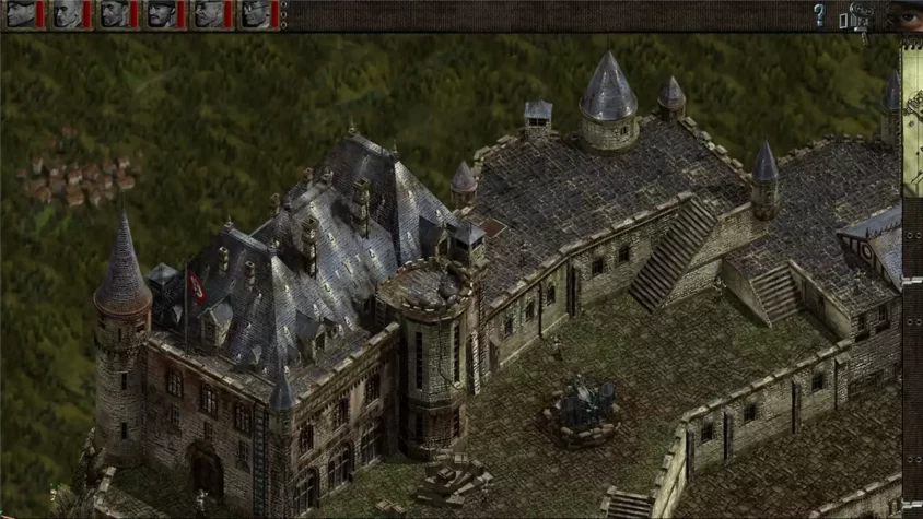 Экран из игры Commandos Behind Enemy Lines с замком на заднем плане