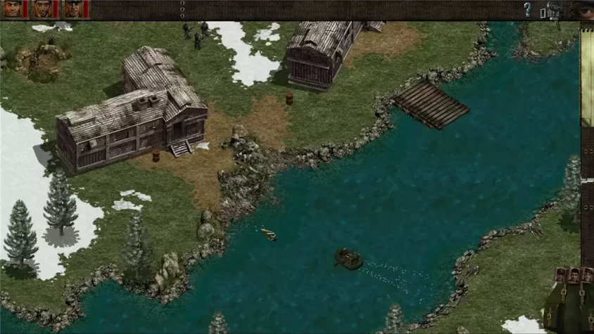 Экран из игры Commandos Behind Enemy Lines с изображением деревни и реки
