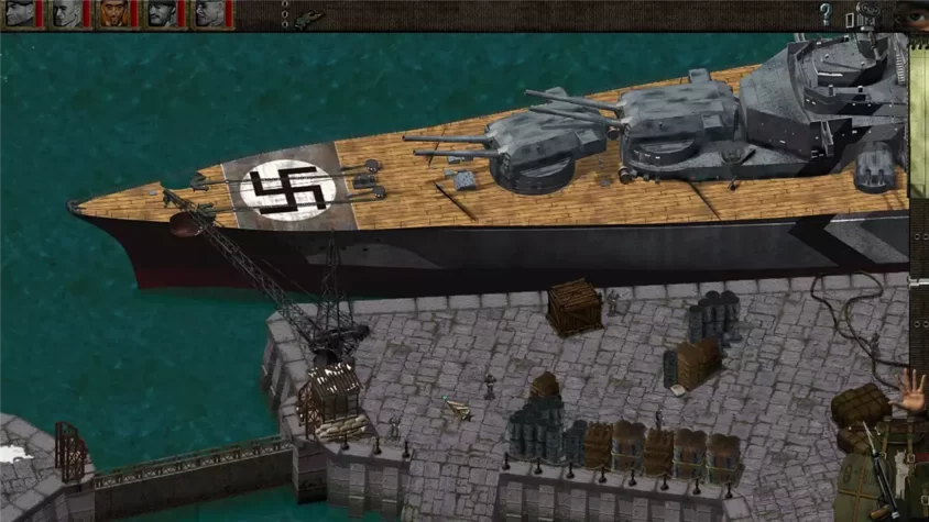 Экран из игры Commandos Behind Enemy Lines с изображением военного корабля