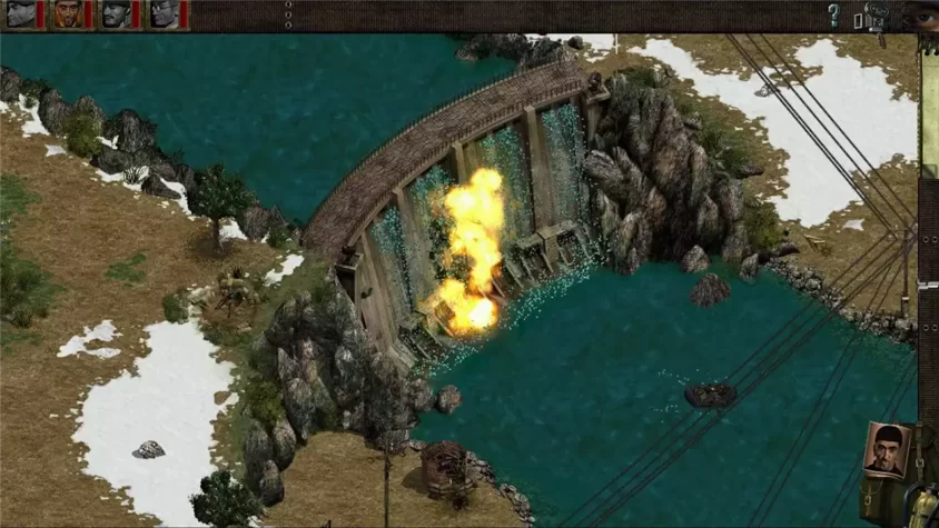 Экран из игры Commandos Behind Enemy Lines с изображением дамбы, которая взрывается