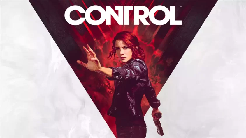 Обложка игры Control, где главная героиня в кожаной куртке с оружием в руках, смотрит в будущее