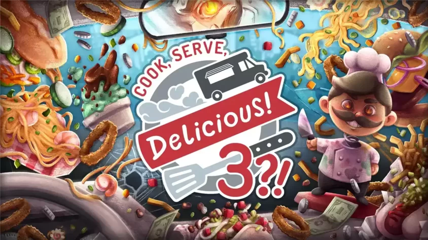 Обложка игры Cook, Serve, Delicious! 3?! с изображением шеф-повара и блюд